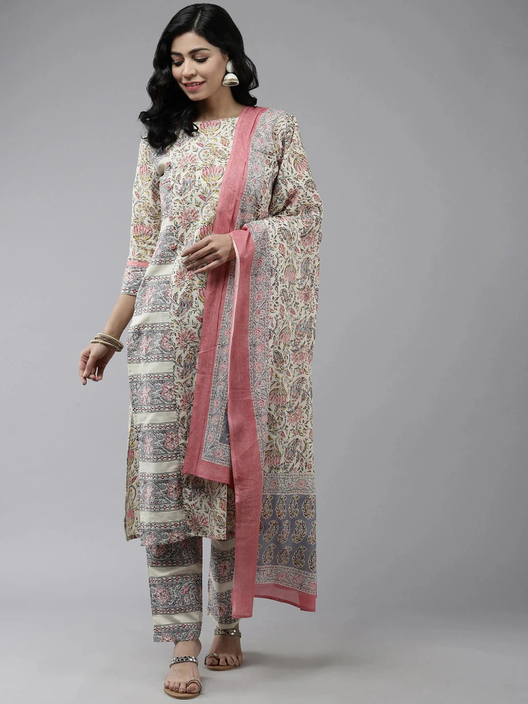 Cream Floral Printed Dupatta Set-Yufta Store-859SKDCRS