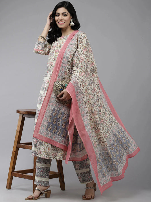 Cream Floral Printed Dupatta Set-Yufta Store-859SKDCRS