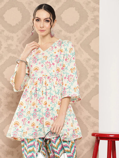 Cream Floral Printed Peplum Gotta Patti Pure Cotton Kurti with Dhoti Pants Set-Yufta Store-1396SETPKS