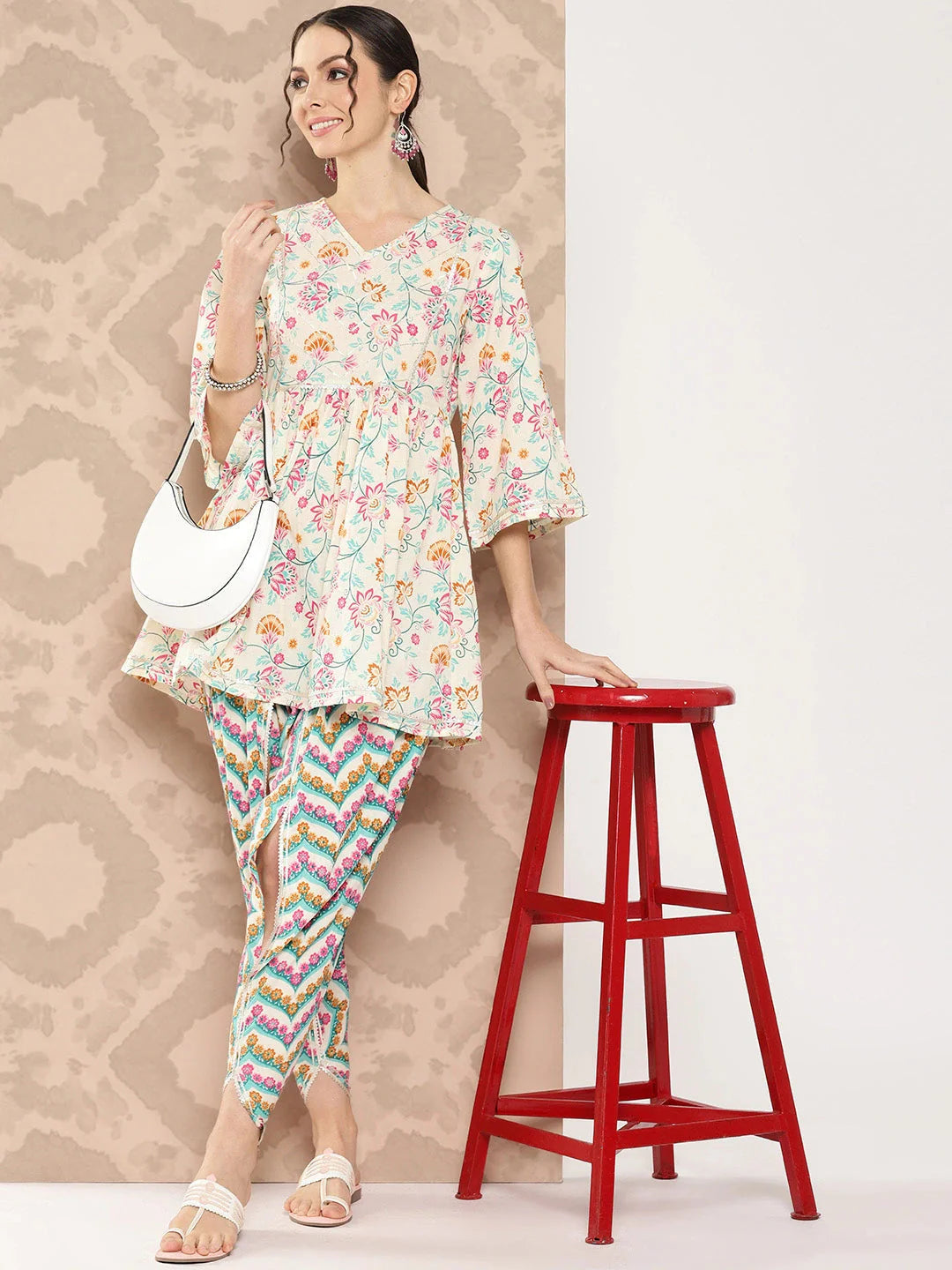 Cream Floral Printed Peplum Gotta Patti Pure Cotton Kurti with Dhoti Pants Set-Yufta Store-1396SETPKS