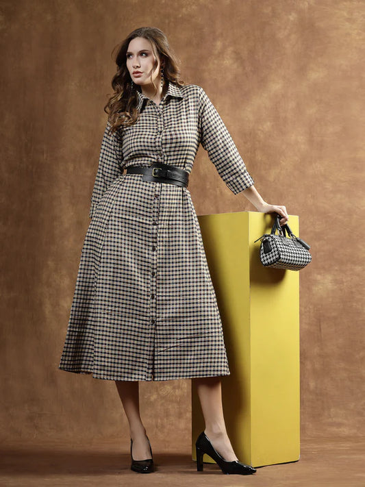 SEMI WOOLEN CHECKED WOOL BLEND A-LINE DRESS