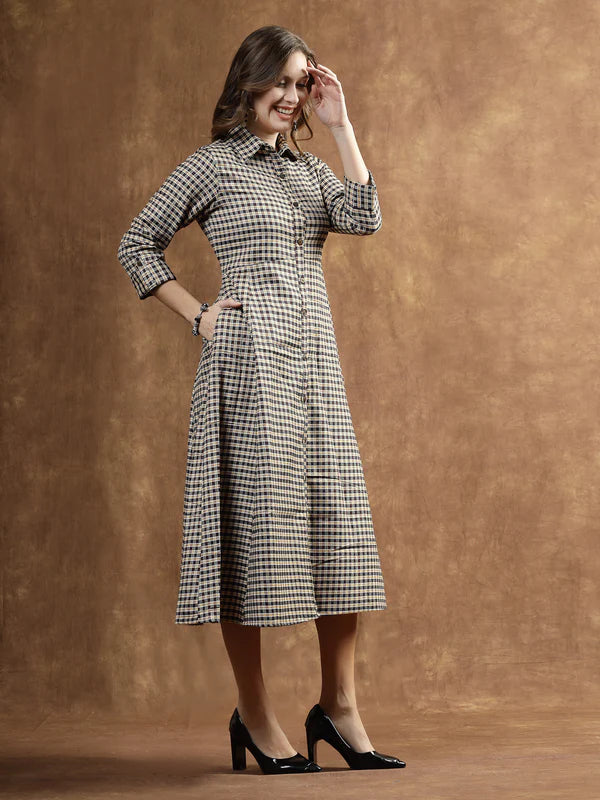 SEMI WOOLEN CHECKED WOOL BLEND A-LINE DRESS