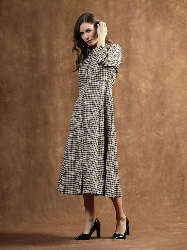 SEMI WOOLEN CHECKED WOOL BLEND A-LINE DRESS