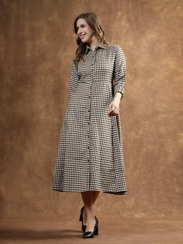 SEMI WOOLEN CHECKED WOOL BLEND A-LINE DRESS