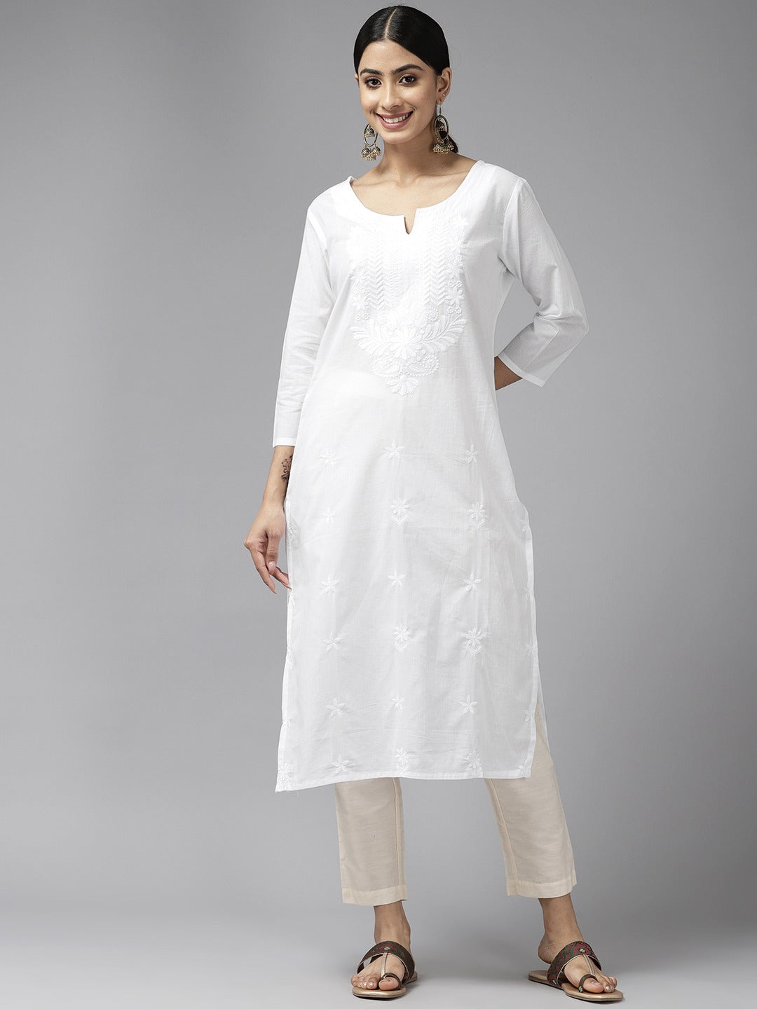 Embroidered Cotton Kurta-Yufta Store-1229KURWHS