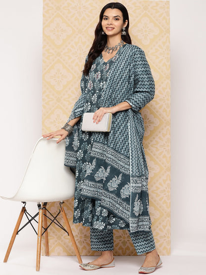 Ethnic Motifs Printed Regular Pure Cotton Kurta with Trousers & With Dupatta-Yufta Store-1544SKDGYS