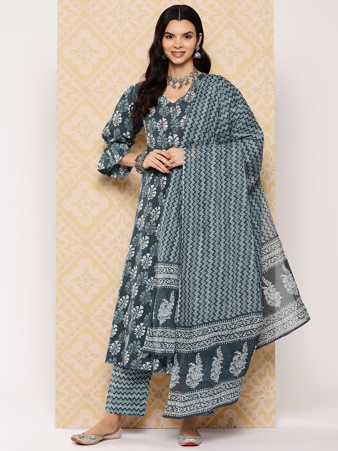 Ethnic Motifs Printed Regular Pure Cotton Kurta with Trousers & With Dupatta-Yufta Store-1544SKDGYS