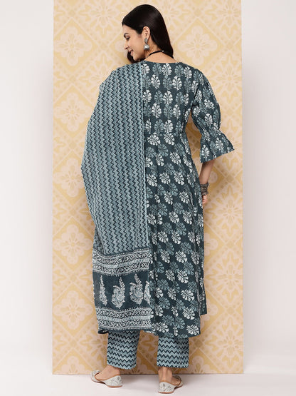 Ethnic Motifs Printed Regular Pure Cotton Kurta with Trousers & With Dupatta-Yufta Store-1544SKDGYS