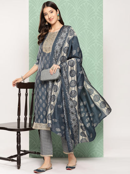 Ethnic Motifs Yoke Design Regular Chanderi Silk Kurta with Trousers & Dupatta-Yufta Store-1530SKDBLS