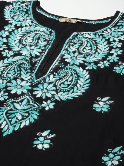 Hand Embroidered Black Cotton Lucknow Chikankari Kurta