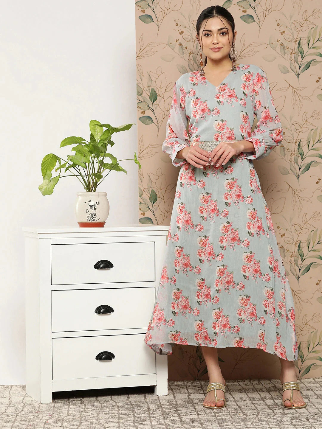 Floral Chiffon A-Line Midi Dress-Yufta Store-8514DRSGYS