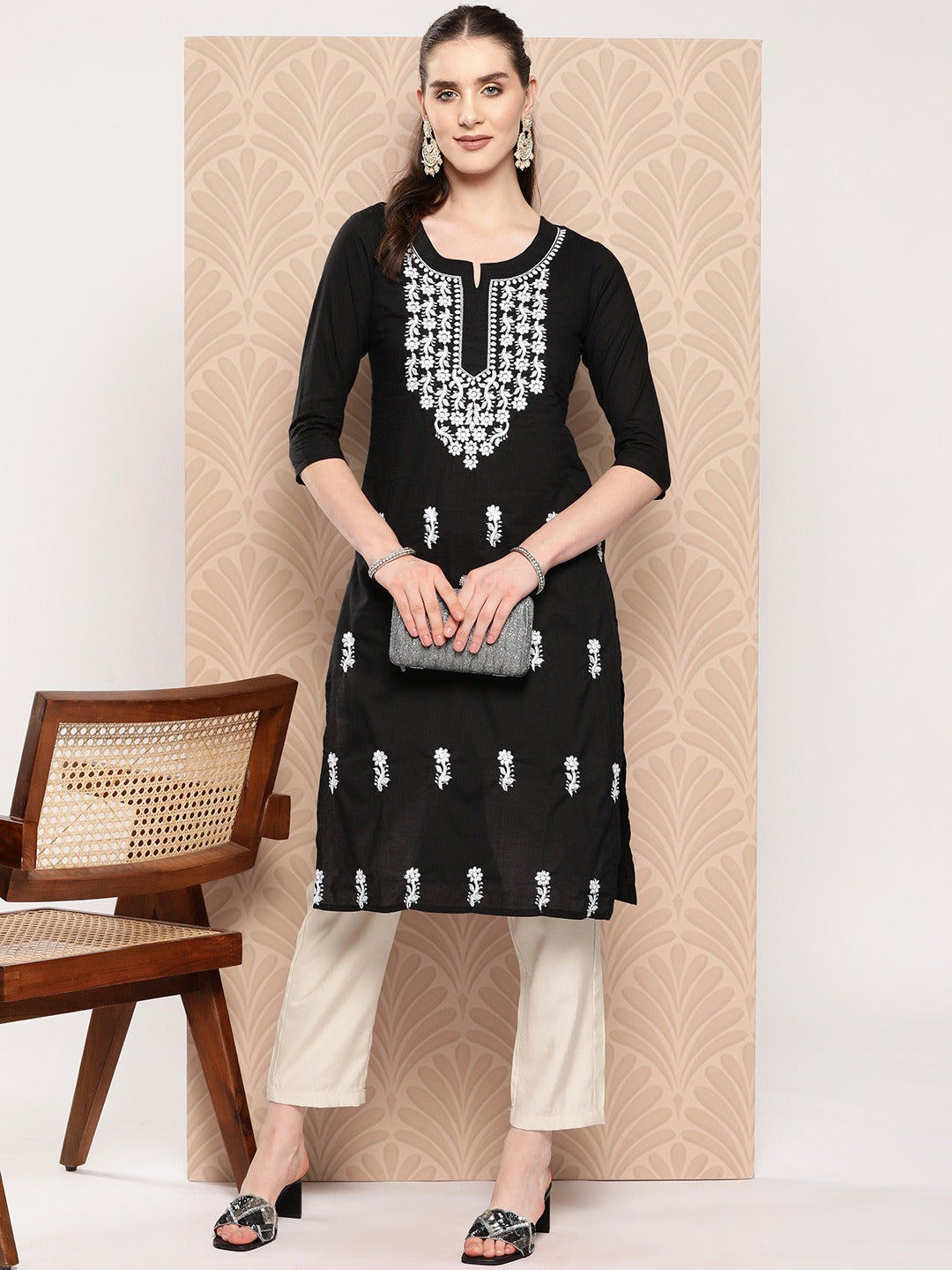 Floral Embroidered Kurta Black Pure Cotton-Yufta Store-1497KURBKS