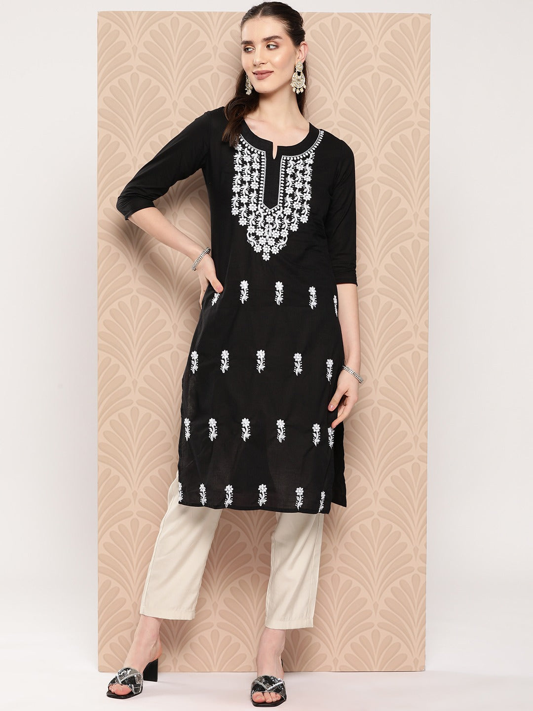 Floral Embroidered Kurta Black Pure Cotton-Yufta Store-1497KURBKS