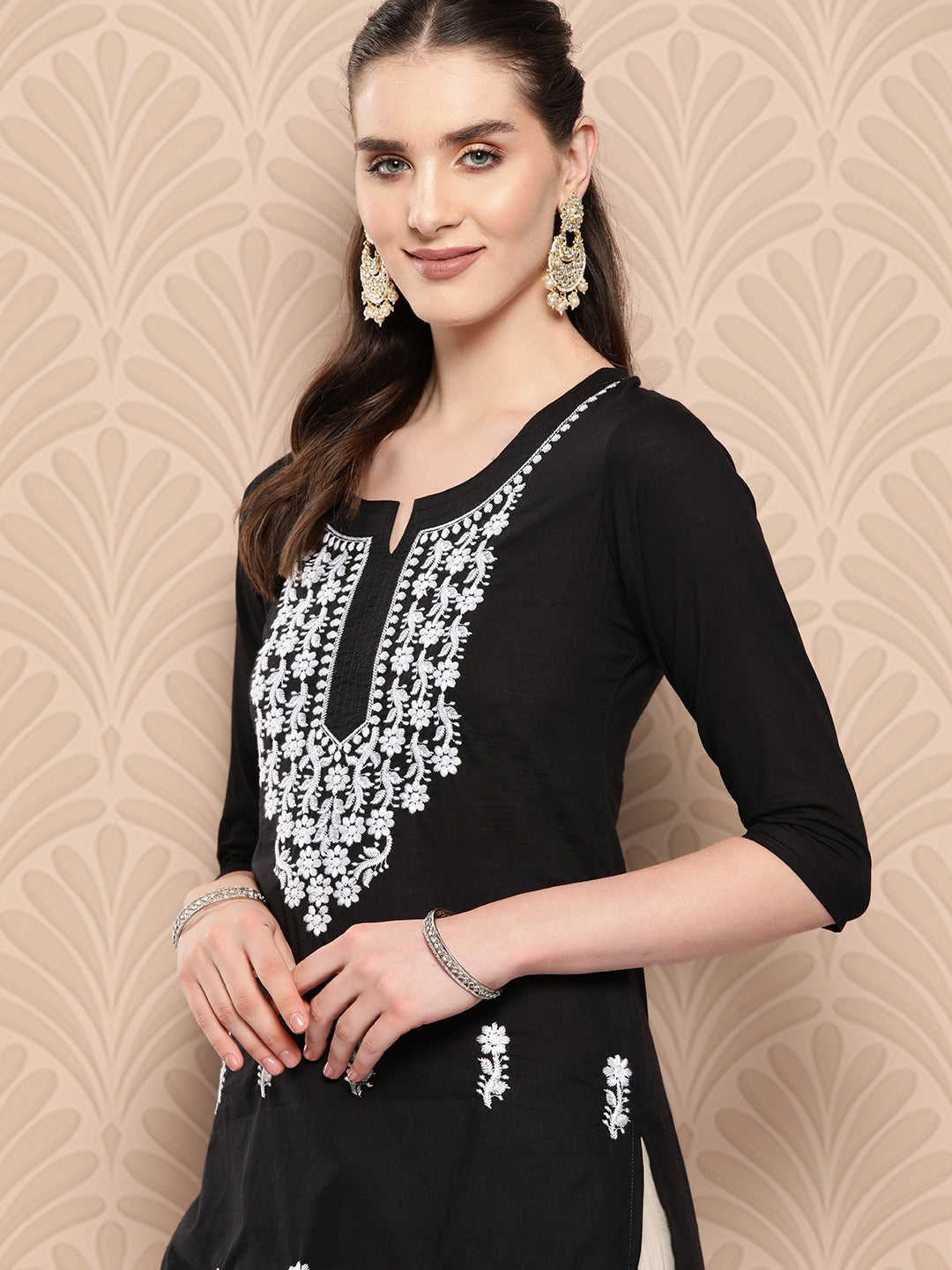 Floral Embroidered Kurta Black Pure Cotton-Yufta Store-1497KURBKS