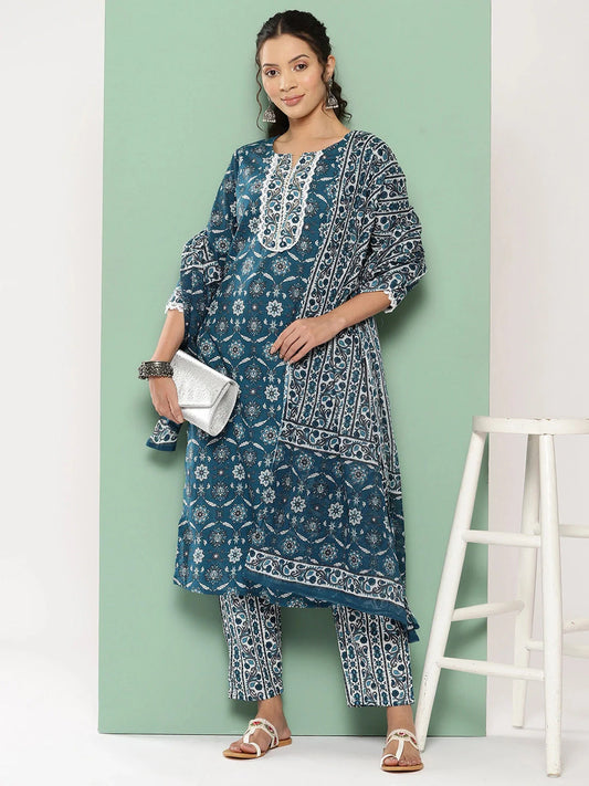 Floral Printed Regular Pure Cotton Kurta with Trousers & With Dupatta-Yufta Store-1311SKDBLS