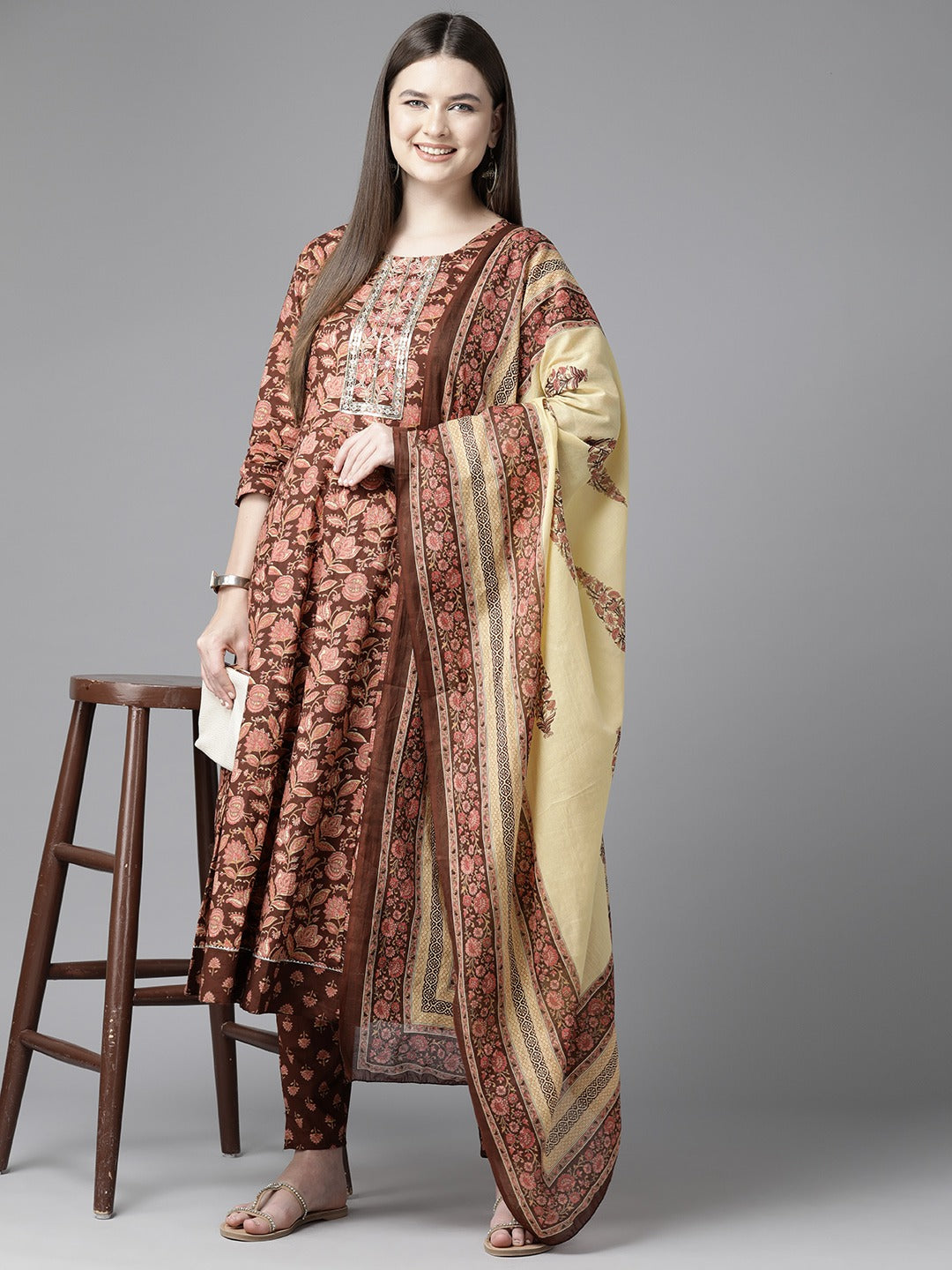 Floral Printed Regular Sequined Pure Cotton Kurta with Trousers & Dupatta-Yufta Store-1563SKDBRS