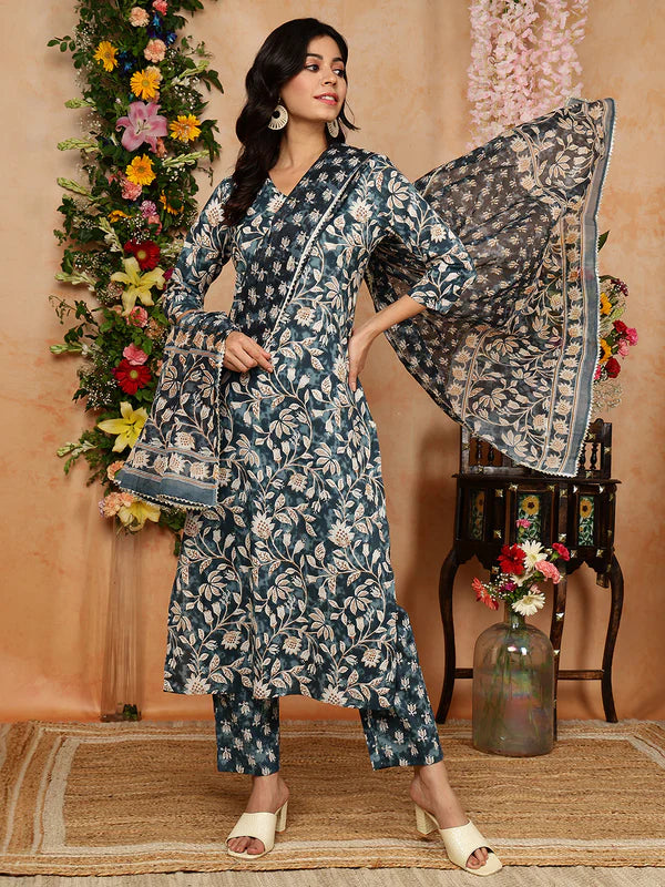 Cotton Calf Length Printed Straight 3/4 Sleeves V-Neck Kurta Bottom Dupatta Set