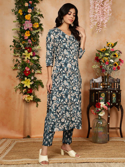 Cotton Calf Length Printed Straight 3/4 Sleeves V-Neck Kurta Bottom Dupatta Set