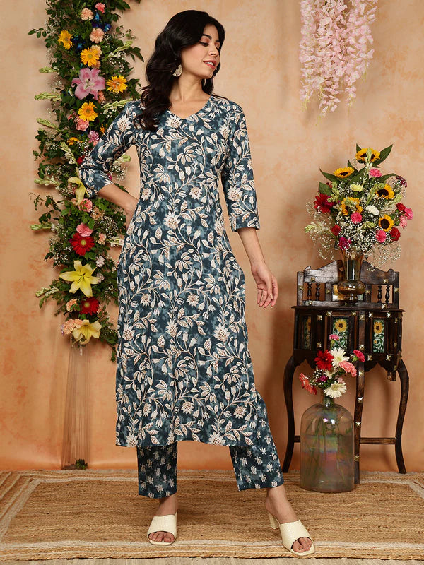 Cotton Calf Length Printed Straight 3/4 Sleeves V-Neck Kurta Bottom Dupatta Set