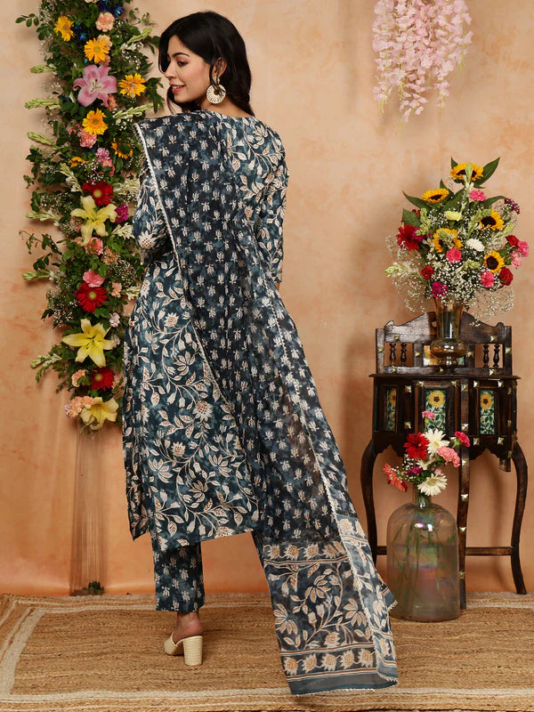 Cotton Calf Length Printed Straight 3/4 Sleeves V-Neck Kurta Bottom Dupatta Set