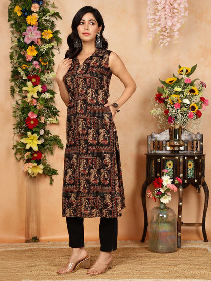 Rayon Calf Length Printed Straight Slveeless Shirt Coller Kurta