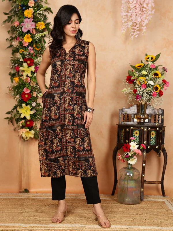 Rayon Calf Length Printed Straight Slveeless Shirt Coller Kurta