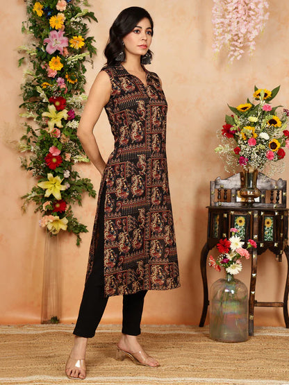 Rayon Calf Length Printed Straight Slveeless Shirt Coller Kurta