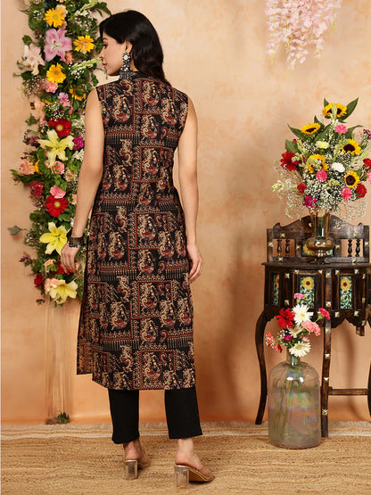 Rayon Calf Length Printed Straight Slveeless Shirt Coller Kurta