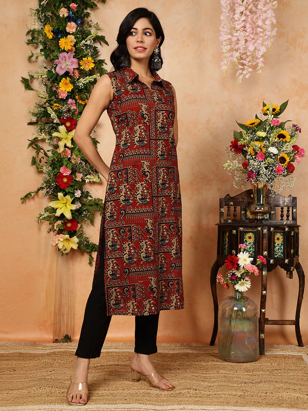 Rayon Calf Length Printed Straight Slveeless Shirt Coller Kurta