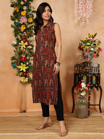 Rayon Calf Length Printed Straight Slveeless Shirt Coller Kurta