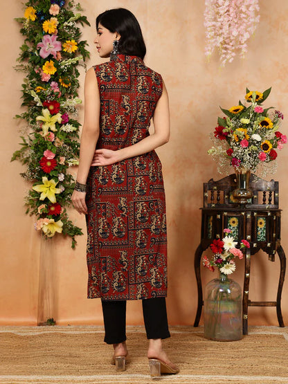 Rayon Calf Length Printed Straight Slveeless Shirt Coller Kurta