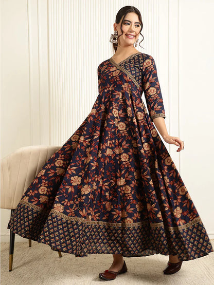 Cotton Ankle Length Printed Flared 3/4 Sleeves V-Neck Gown