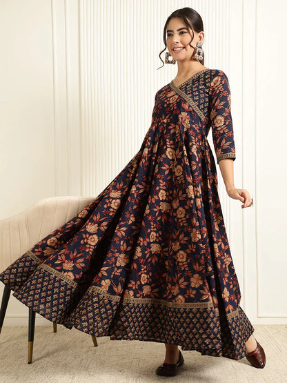 Cotton Ankle Length Printed Flared 3/4 Sleeves V-Neck Gown