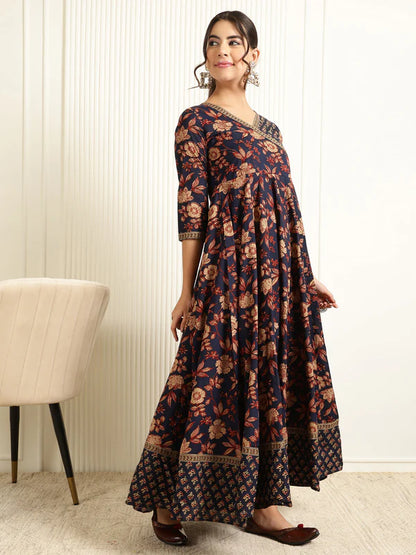 Cotton Ankle Length Printed Flared 3/4 Sleeves V-Neck Gown