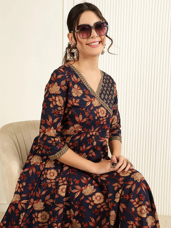 Cotton Ankle Length Printed Flared 3/4 Sleeves V-Neck Gown