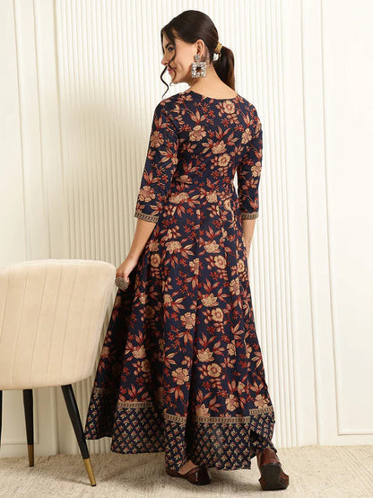 Cotton Ankle Length Printed Flared 3/4 Sleeves V-Neck Gown