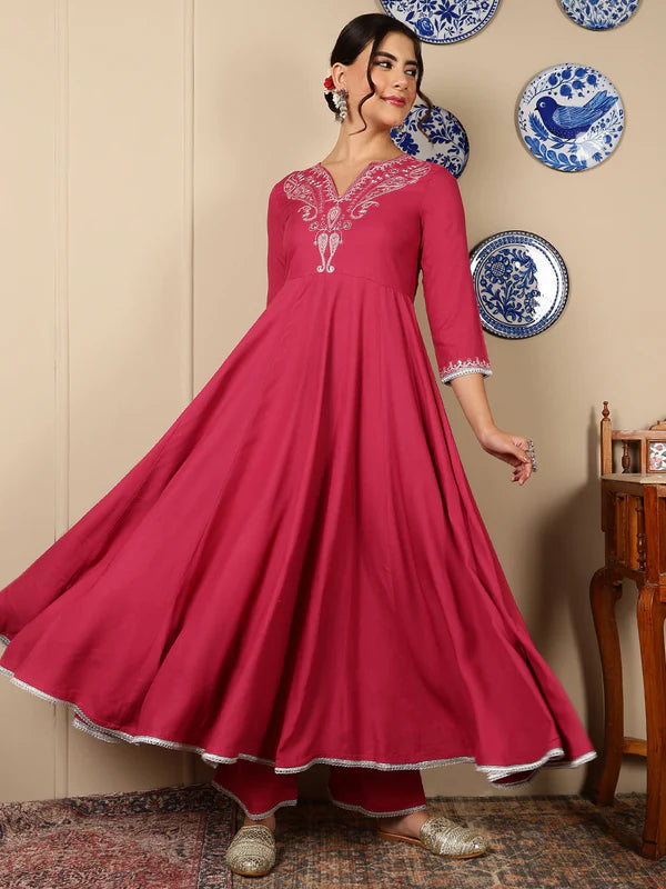 Rayon Calf Length Solid Flared 3/4 Sleeves V-Neck Kurta, Bottom With Dupatta