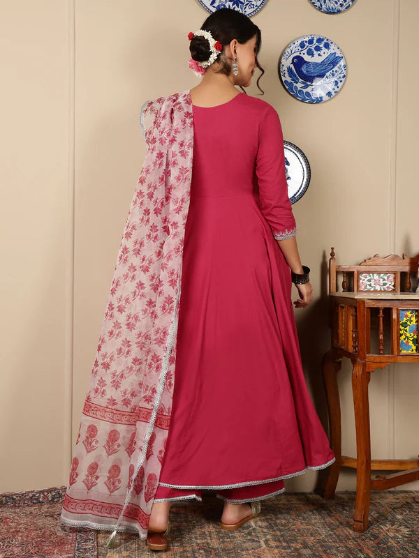 Rayon Calf Length Solid Flared 3/4 Sleeves V-Neck Kurta, Bottom With Dupatta