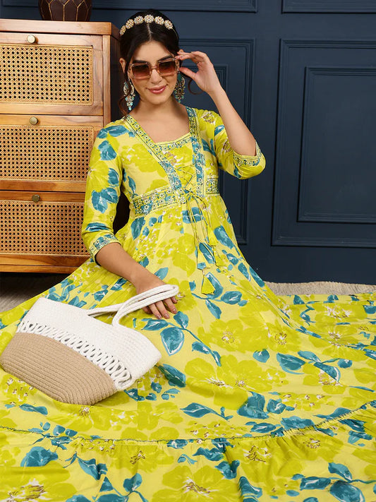 Cotton Ankle Length Printed Flared 3/4 Sleeves V-Neck Gown