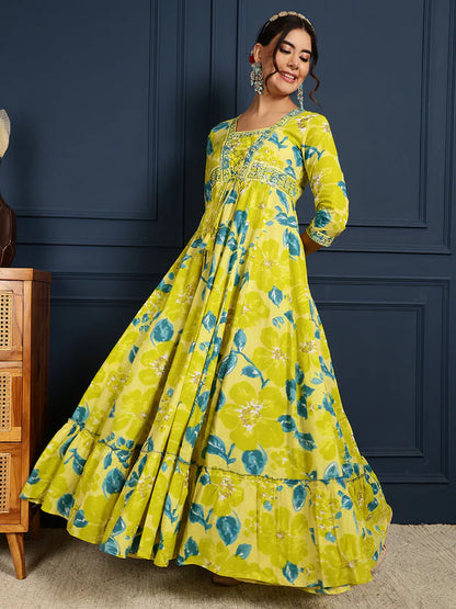 Cotton Ankle Length Printed Flared 3/4 Sleeves V-Neck Gown