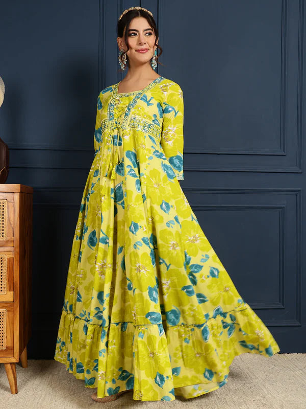 Cotton Ankle Length Printed Flared 3/4 Sleeves V-Neck Gown