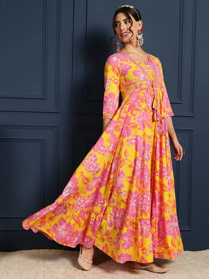 Cotton Ankle Length Printed Flared 3/4 Sleeves V-Neck Gown