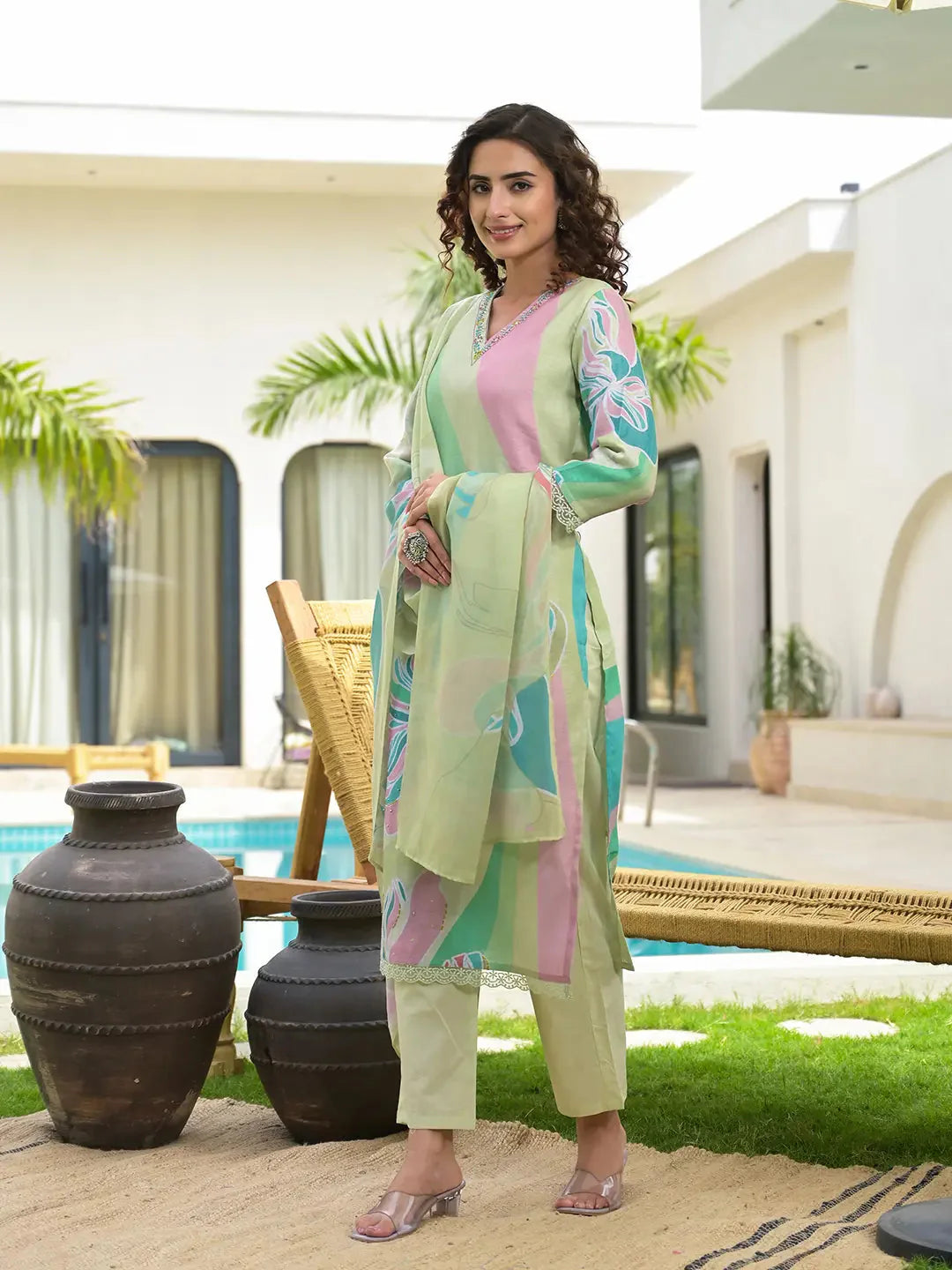 Green Digital Floral Print Linen Cotton Have A Lining Kurta Trouser And Dupatta Set-Yufta Store-6870SKDGRS