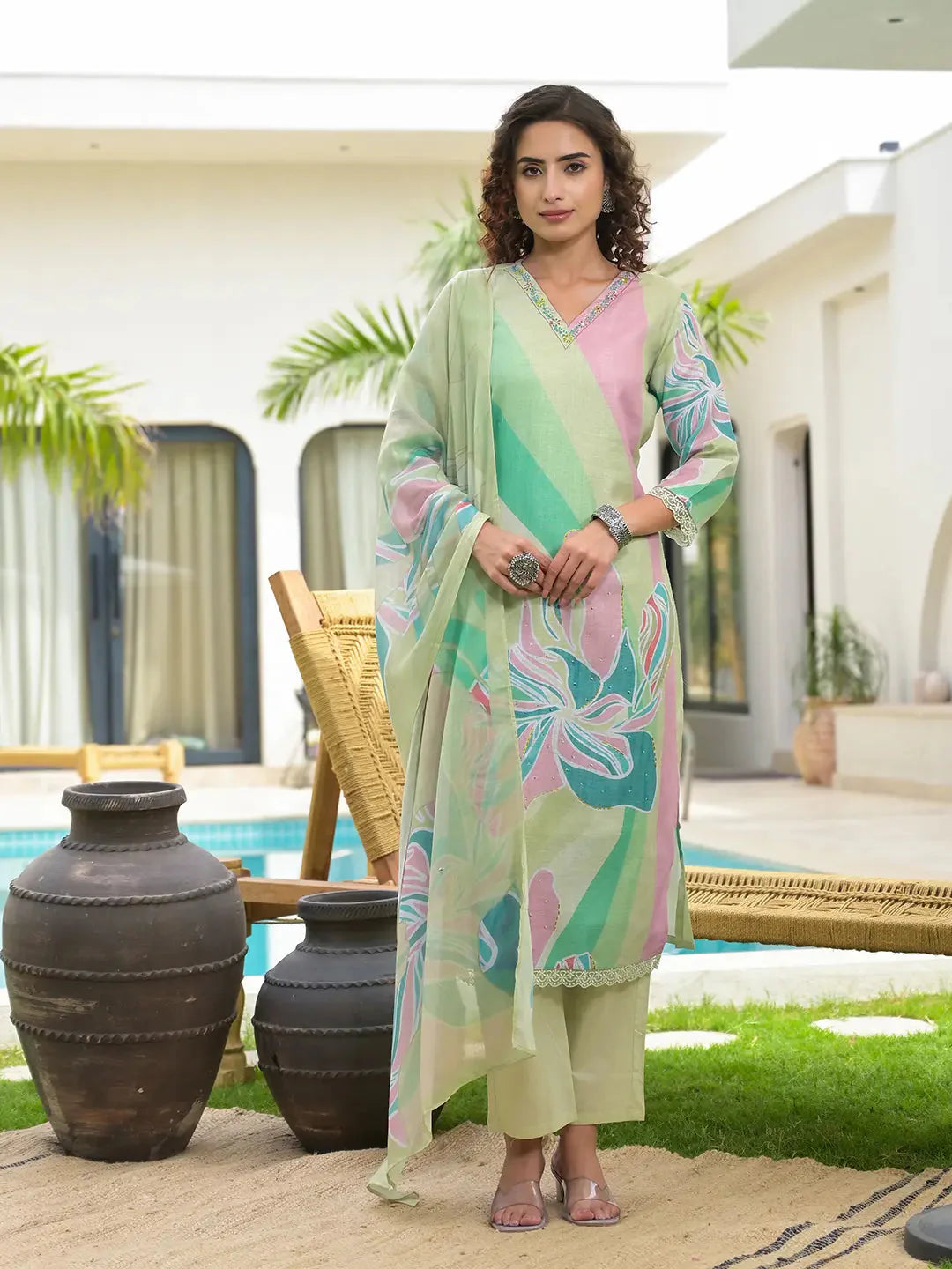 Green Digital Floral Print Linen Cotton Have A Lining Kurta Trouser And Dupatta Set-Yufta Store-6870SKDGRS