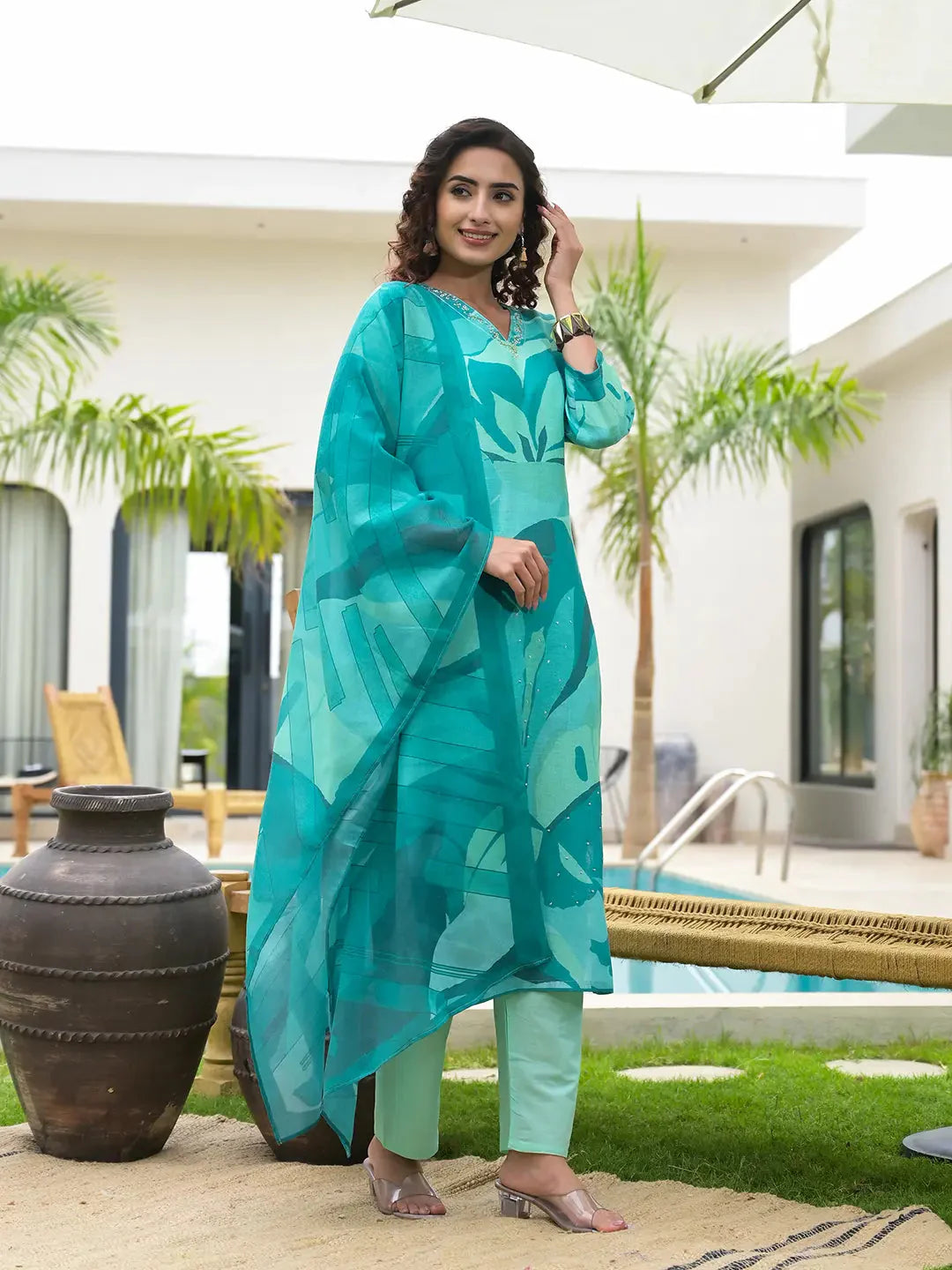 Green Digital Leaf Print Linen Cotton Have A Lining Kurta Trouser And Dupatta Set-Yufta Store-6868SKDGRS