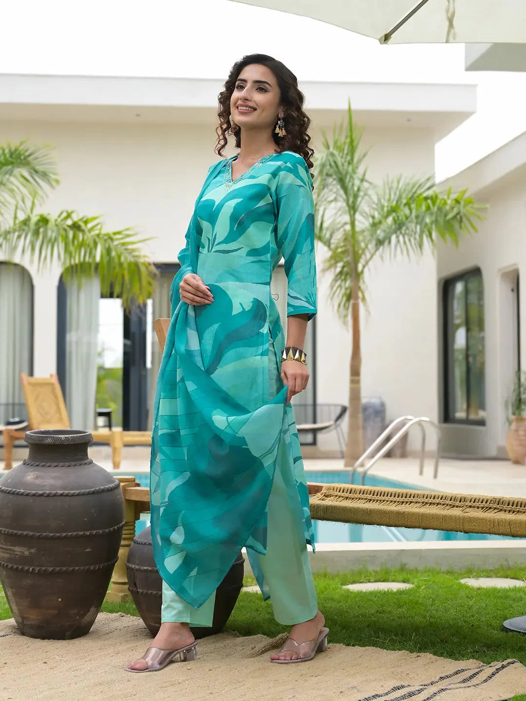 Green Digital Leaf Print Linen Cotton Have A Lining Kurta Trouser And Dupatta Set-Yufta Store-6868SKDGRS