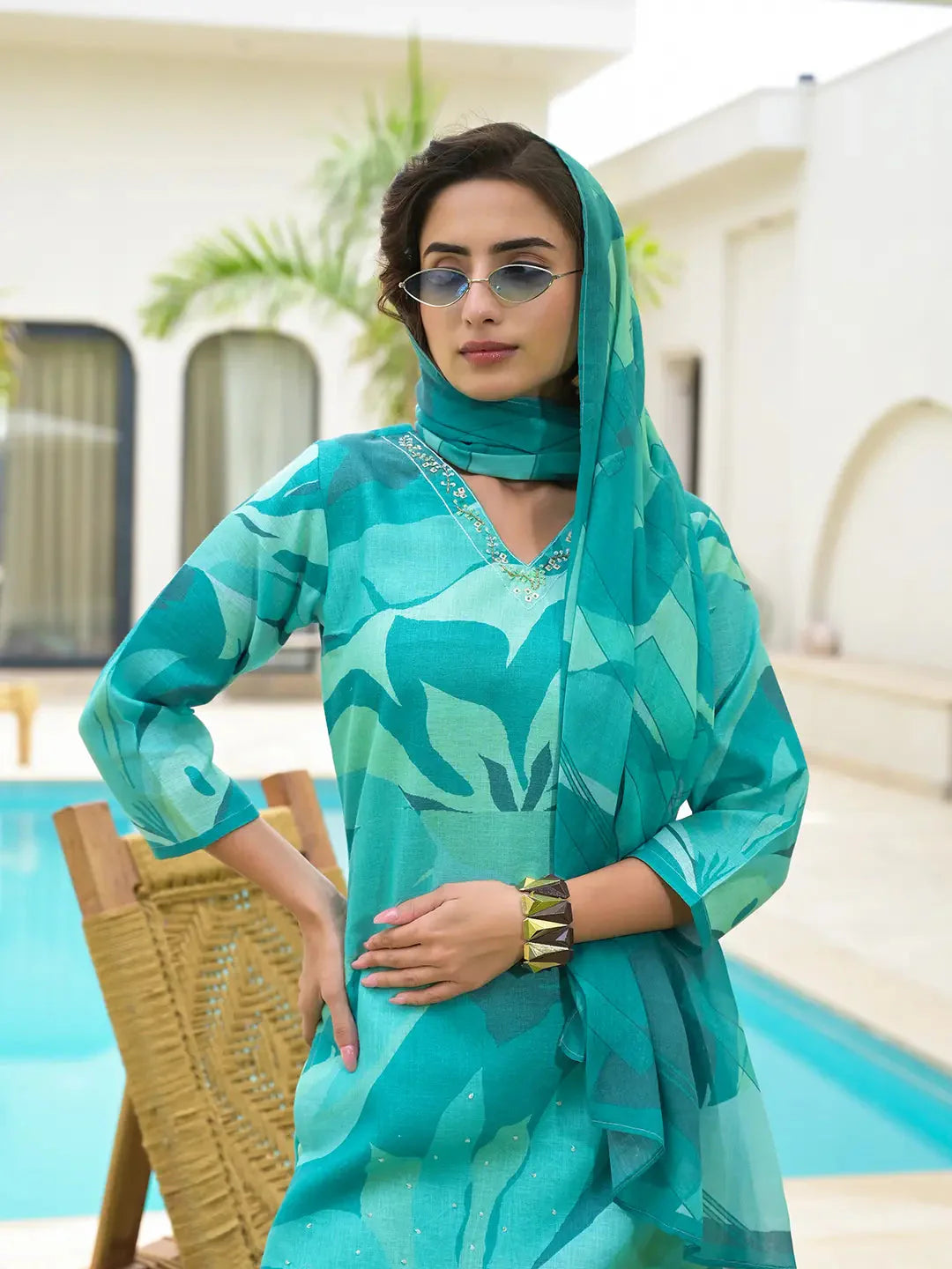 Green Digital Leaf Print Linen Cotton Have A Lining Kurta Trouser And Dupatta Set-Yufta Store-6868SKDGRS