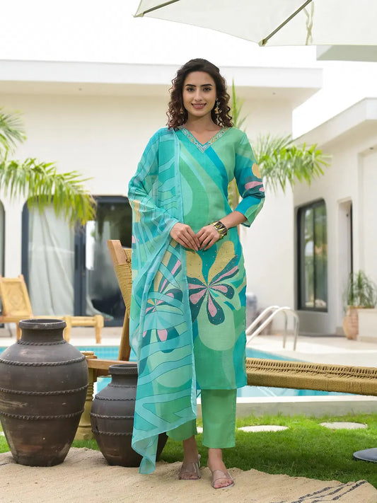 Green Digital Print Linen Cotton Have A Lining Kurta Trouser And Dupatta Set-Yufta Store-6867SKDGRS