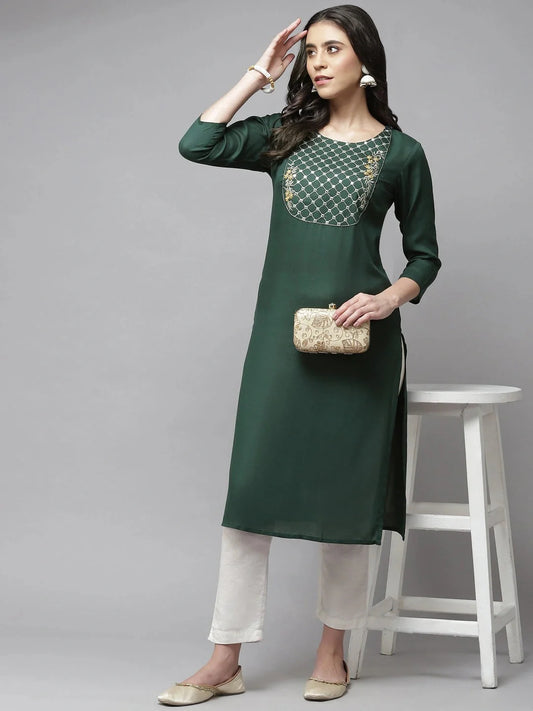 Green Embroidered Kurta-Yufta Store-9859KURGRS