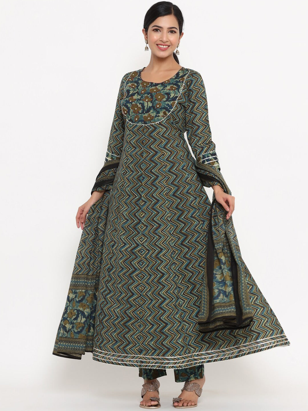 Green Ethnic Motifs Printed Dupatta Set-Yufta Store-9781SKDGRS